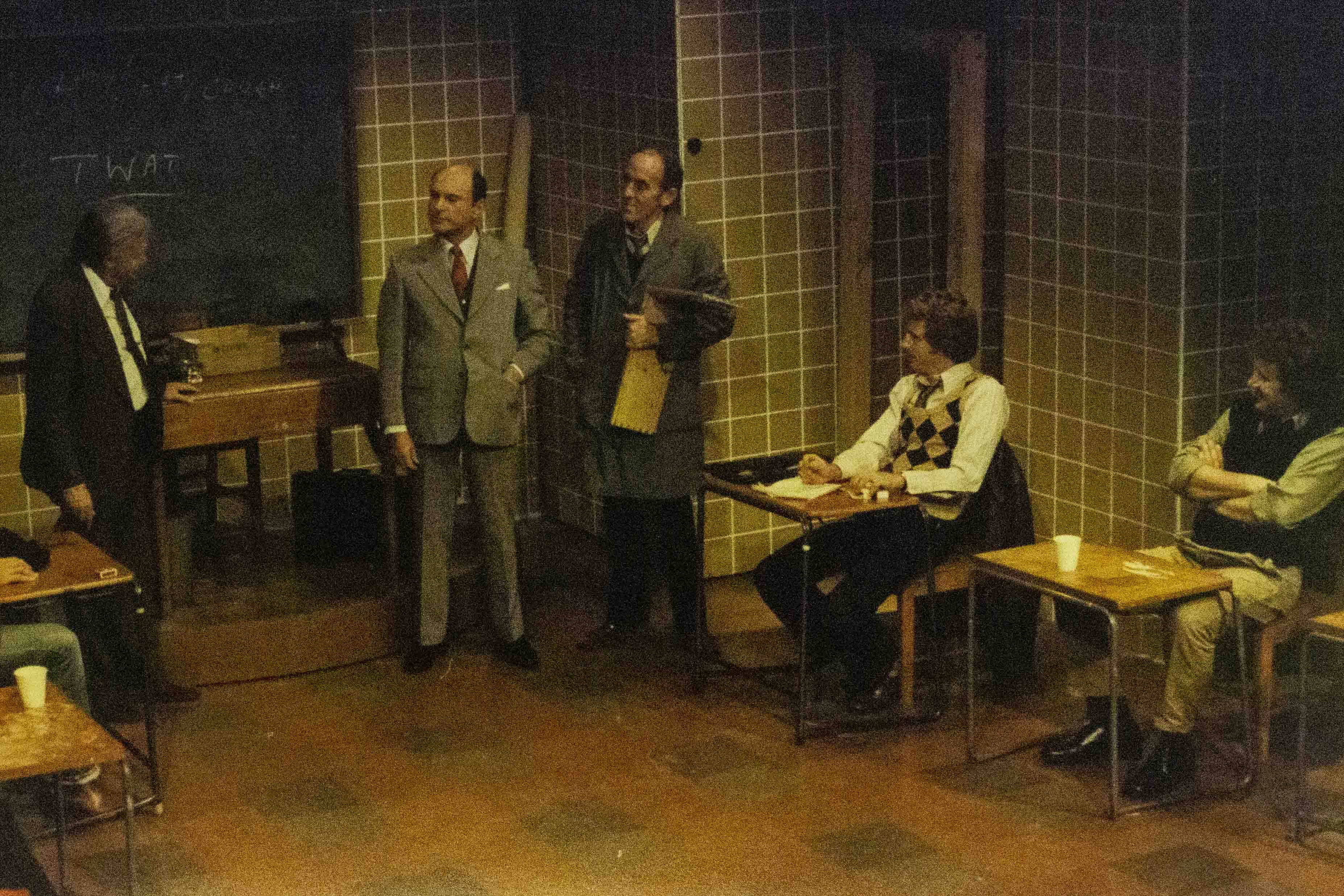 Production still for "Comedians". L-R: Charles 'Bud' Tingwell, ?, Cliff Ellen, ?, John Wood.  Photographer: Jeff Busby