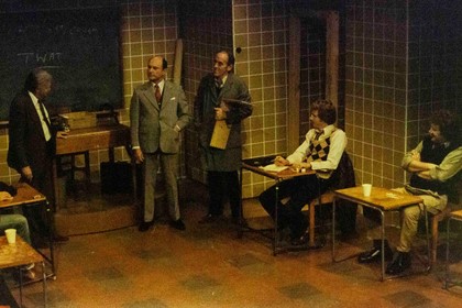 Production still for "Comedians". L-R: Charles 'Bud' Tingwell, ?, Cliff Ellen, ?, John Wood.  Photographer: Jeff Busby