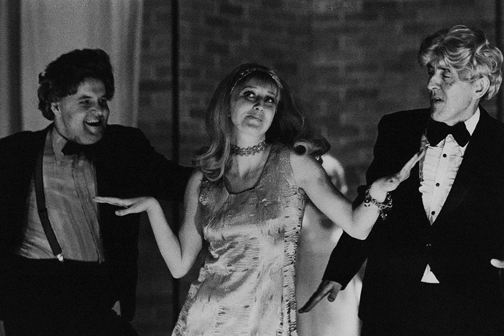 Production still for "Away". L-R: Ross Williams, Sally Cooper, Cliff Ellen. Photographer: Jeff Busby