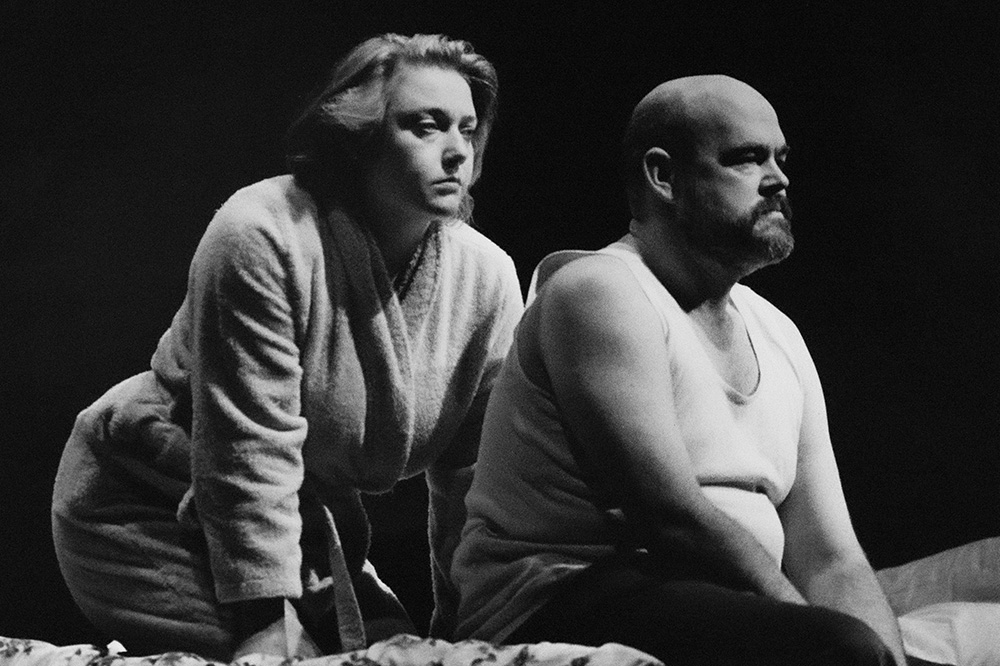 Production still for "All Souls". L-R; Andrea Swifte as Gina, Marcus Eyre as Frank. Photographer: Jeff Busby