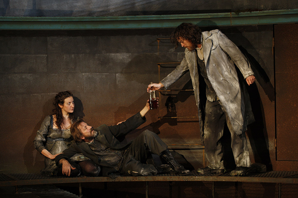 Production still for "Knives in Hens". L-R: Dan Spielman as Gilbert Horn, Robert Menzies as Pony William. Photographer: Jeff Busby