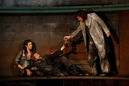 Production still for "Knives in Hens". L-R: Dan Spielman as Gilbert Horn, Robert Menzies as Pony William. Photographer: Jeff Busby