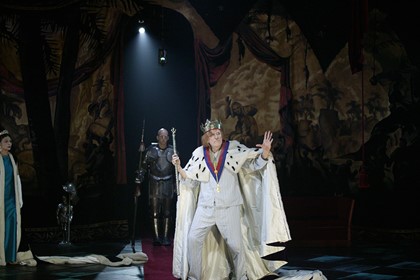 Production still for "Exit the King". L-R: Gillian Jones, David Woods, Geoffrey Rush. Photographer: Lisa Tomasetti
