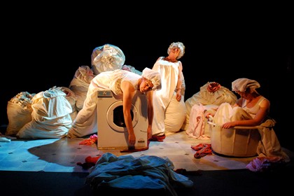 Production still for "Care Instructions". L-R: Jane Bayly, Liz Jones, Caroline Lee. Photographer: David Young