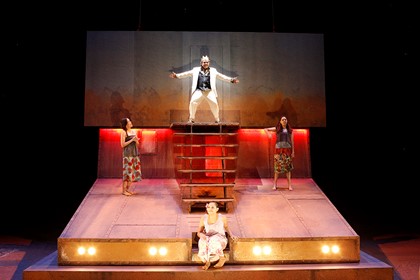 Production still for "The Shadow King". L-R: Jada Alberts, Tom E Lewis (rear), Rarriwuy Hick (front), Natasha Wanganeen. Photographer: Jeff Busby