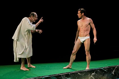 Production still for "Moliere's Tartuffe". L-R: Barry Otto, Marcus Graham. Photographer: Jeff Busby 