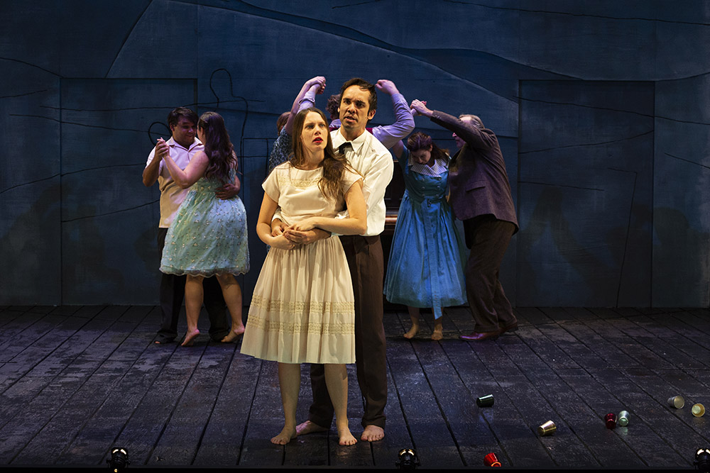 Production still for "Cloudstreet". L-R: Ian Michael, Ebony McGuire, Brenna Harding, Guy Simon, Arielle Gray, Greg Stone. Photographer: Pia Johnson
