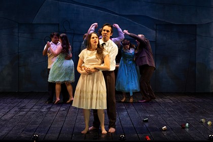 Production still for "Cloudstreet". L-R: Ian Michael, Ebony McGuire, Brenna Harding, Guy Simon, Arielle Gray, Greg Stone. Photographer: Pia Johnson