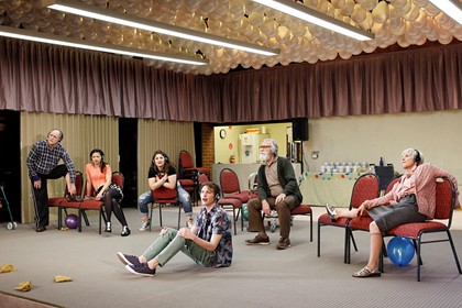 Production still for "Hello, Goodbye and Happy Birthday. L-R: Jim Daly, HaiHa Le, Diana Perini, Matthew Connell, Roger Oakley, Evelyn Krape. Photographer: Jeff Busby