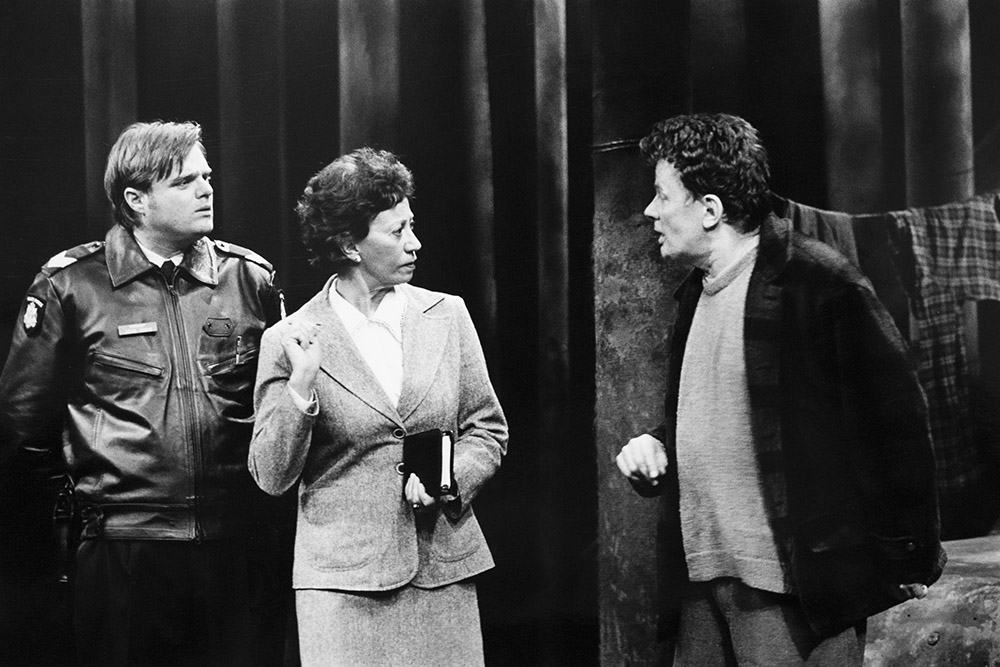 Production still for "Nowhere". L-R: Damien Richardson as the Sergeant, Jan Friedl as Mrs Mac, Russell Kiefel as Snow. Photographer: Jeff Busby