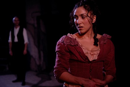 Production still for Adelaide production of "Translations". L-R: Stephen Sheehan as Yolland, Elena Carapetis as Maire. Photographer: Nick Hopton