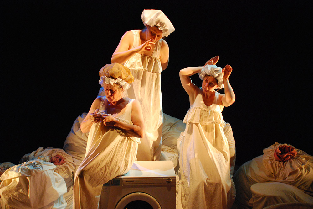 Production still for "Care Instructions". L-R: Liz Jones, Jane Bayly, Caroline Lee. Photographer: David Young
