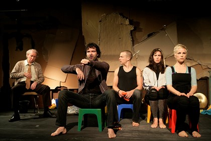 Production still for "OT: Chronicles of the Old Testament". L-R: Peter Snow, Phillip McInnes, Luke Ryan, Katherine Tonkin, Amelia Best. Photographer: Jeff Busby