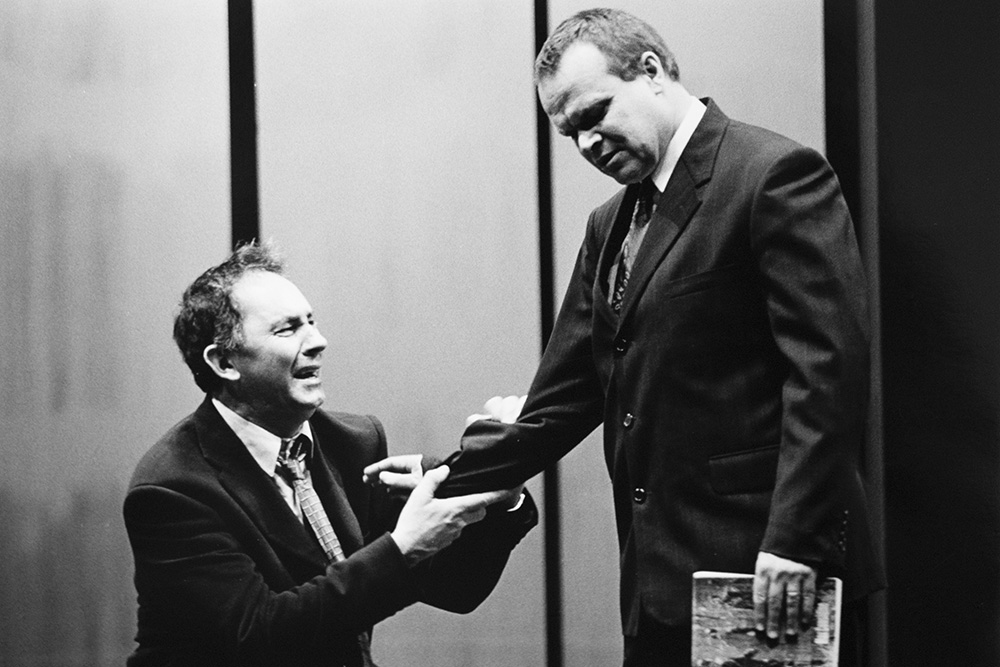  Production still for "Myth, Propaganda and Disaster in Nazi Germany and Contemporary America". L-R: Nicholas Eadie as Talbot, Tom Considine as Max. Photographer: Jeff Busby