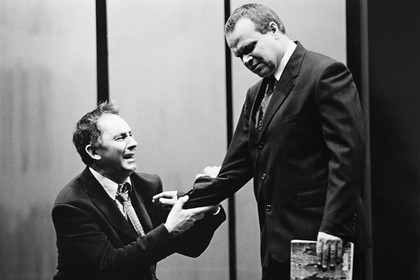  Production still for "Myth, Propaganda and Disaster in Nazi Germany and Contemporary America". L-R: Nicholas Eadie as Talbot, Tom Considine as Max. Photographer: Jeff Busby