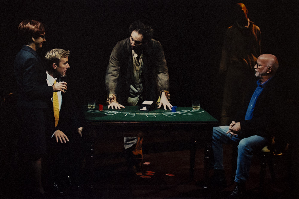 Production still for "The Frail Man". L-R: Sue Jones, Paul Bishop, Colin Moody, James Brennan, Tim Robertson. Photographer: Unknown