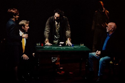 Production still for "The Frail Man". L-R: Sue Jones, Paul Bishop, Colin Moody, James Brennan, Tim Robertson. Photographer: Unknown