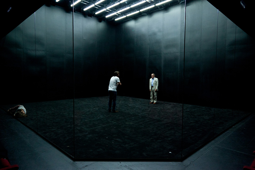 Production still for "The Wild Duck". L-R: Anita Hegh as Gina (lying), Ewen Leslie as Hjalmar, John Gaden as Werle. Photographer: Pia Johnson