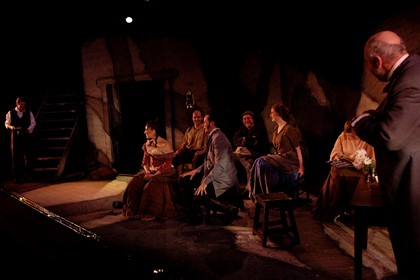 William Allert as Owen, John Kelly as the Narrator, Lizzy Falkland as Bridget, Michaela Cantwell as Sarah, Andrew Martin as Hugh. Photographer: Nick Hopton