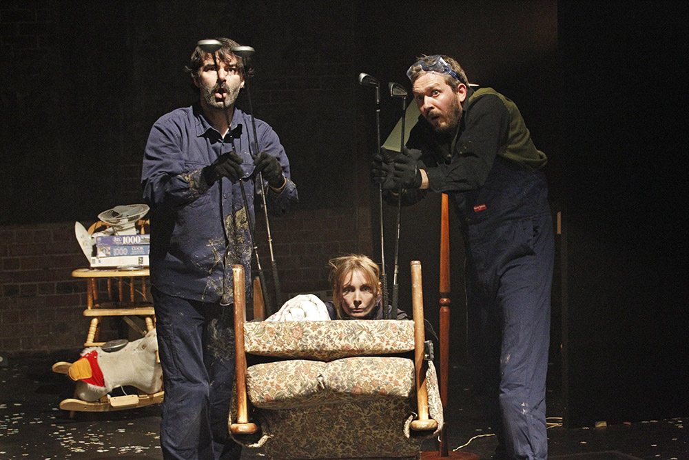 Production still for "Hard Rubbish". L-R: Phillip McInnes, Malia Walsh, Hamish Fletcher. Photographer: Jeff Busby
