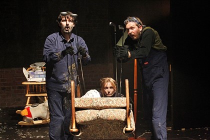 Production still for "Hard Rubbish". L-R: Phillip McInnes, Malia Walsh, Hamish Fletcher. Photographer: Jeff Busby