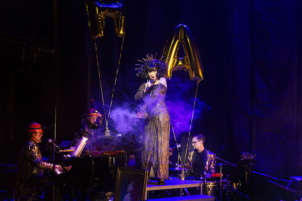 Production still for "Apocalypse Meow: Crisis is Born". L-R: Mark Jones, Dan Witton, Meow Meow, Jethro Woodward. Photographer: Pia Johnson